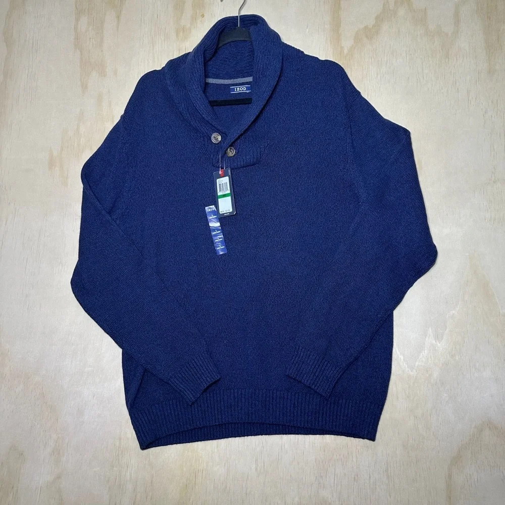 NWT Izod‎ Men’s Knit Shawl Neck Pullover Sweater Size Large Navy Blue Cotton